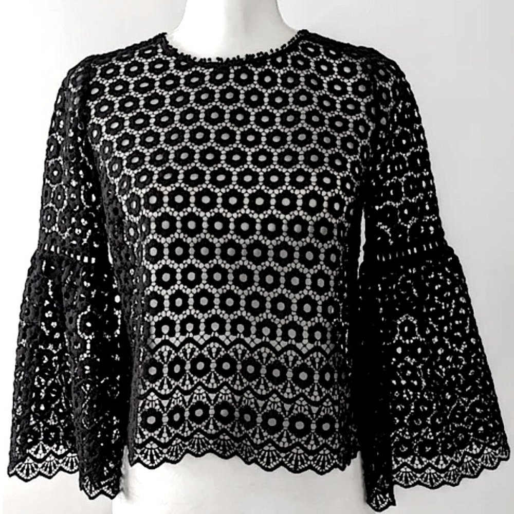 J. Crew Daisy Lace Blouse Long Bell Sleeve Black Floral Zip Top Women’s Size 0
